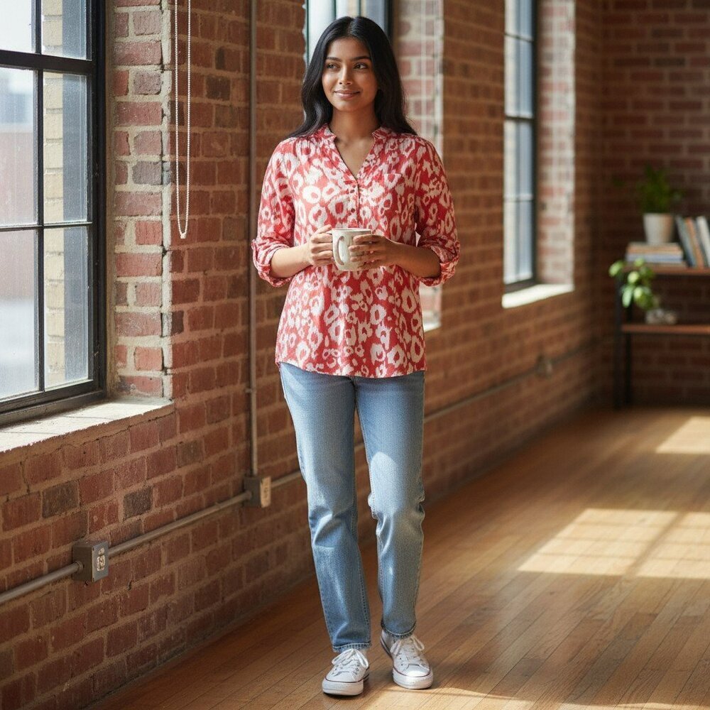 Allison Taylor Medium Pink Peacock Print 3/4 Sleeve Linen Tunic Blouse Top Shirt